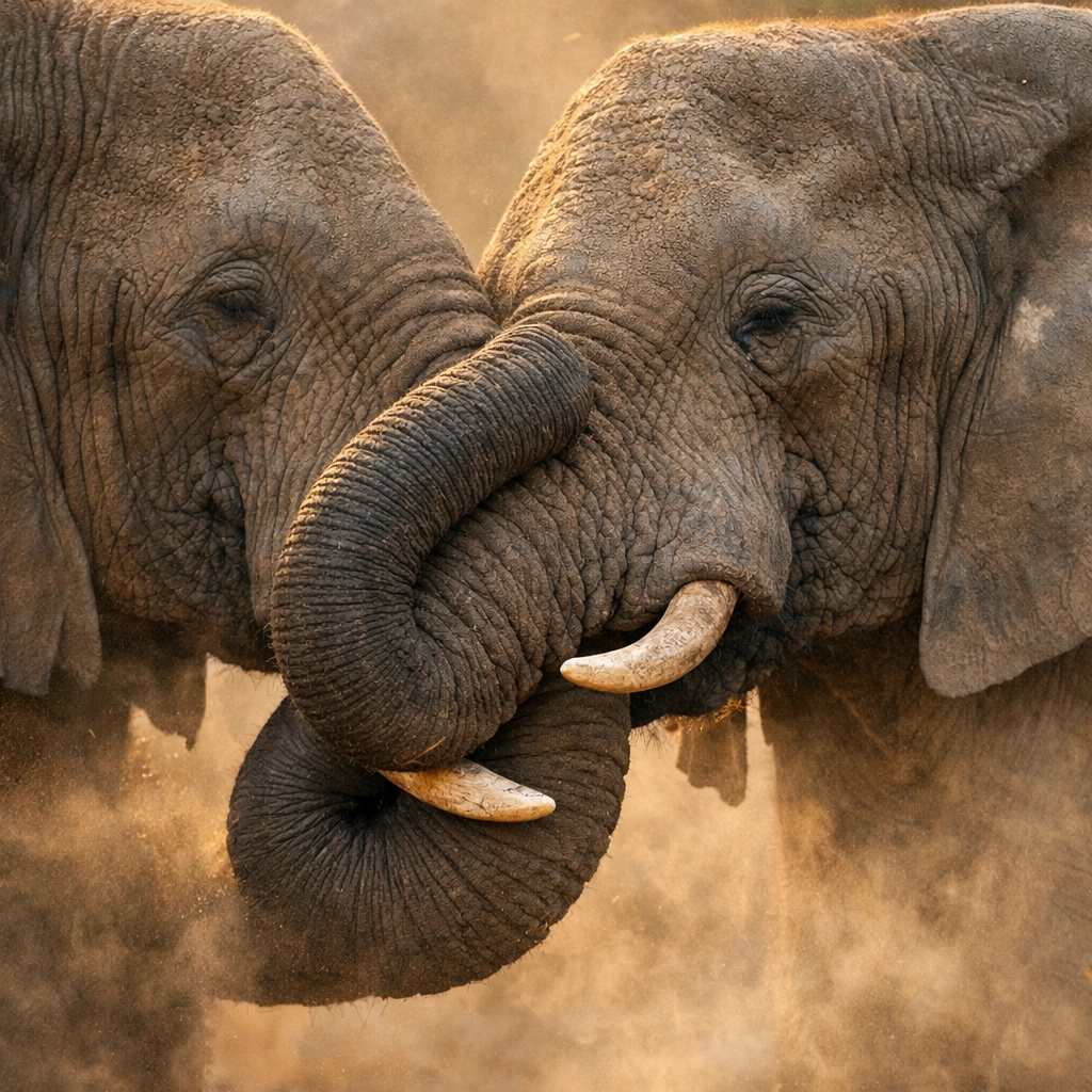 Two male elephants touch trunks in a tender social greeting, showing deep emotional bonds.