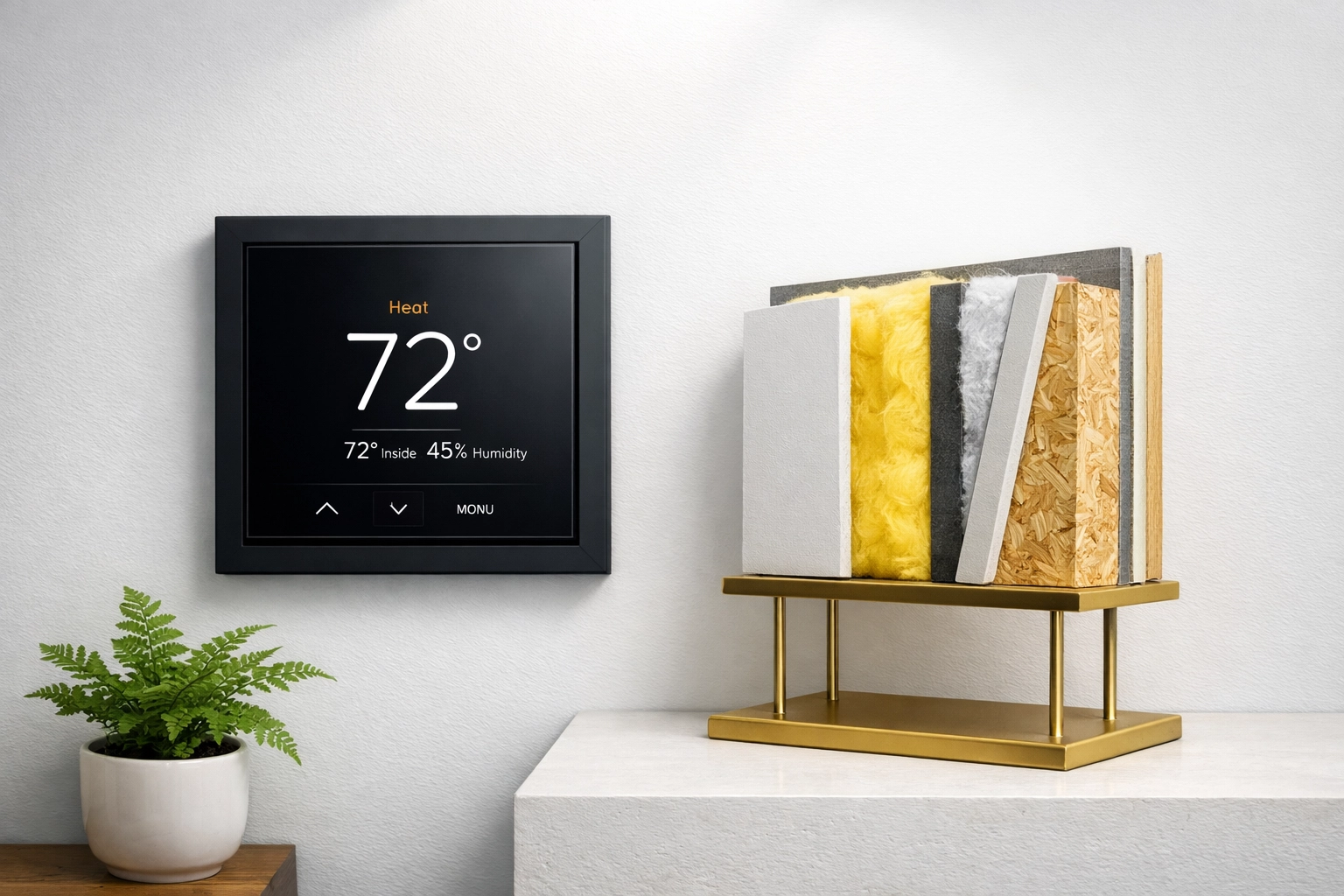 Modern thermostat and wall insulation display demonstrating energy efficiency upgrade options