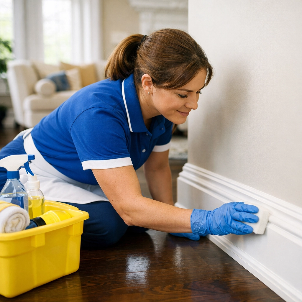 Professional cleaner performing deep cleaning in North Andover by hand-scrubbing white baseboards.