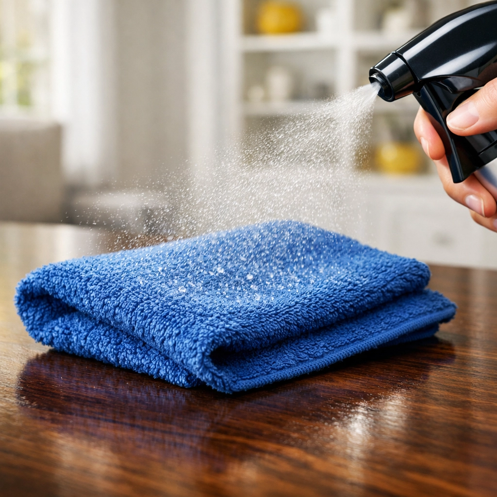 Microfiber cloth being sprayed with cleaner before wiping a luxury wood table for house cleaning in Groton.
