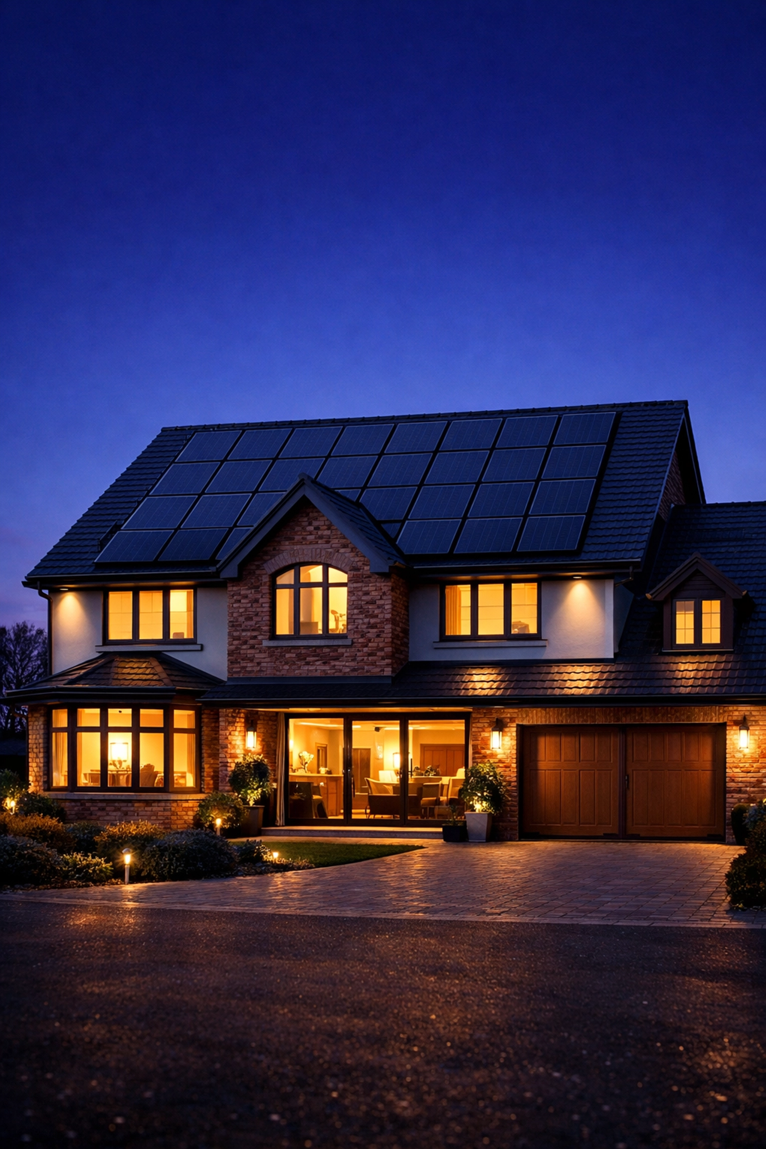 Modern UK home with a high-quality solar PV array reflecting energy independence at twilight.