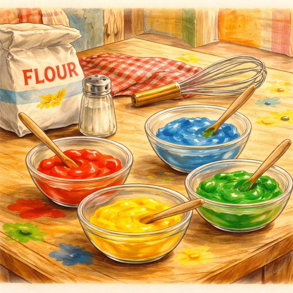 Kitchen table with bowls of red, yellow, blue, and green edible finger paint, flour, salt, and a whisk for kids' crafts.