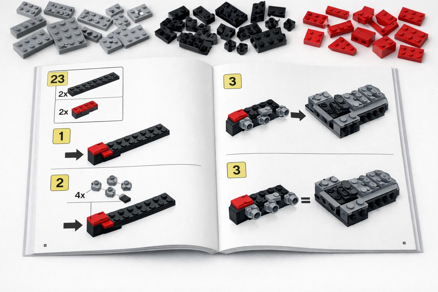 Open LEGO handleiding met visuele stappen en losse bouwstenen, ideaal voor begrijpend lezen