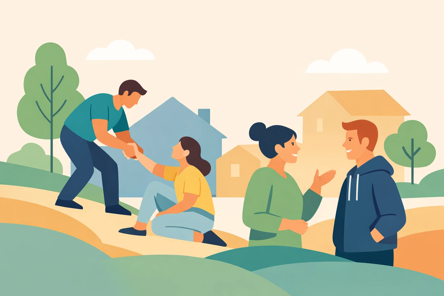 Flat design illustration of community members helping each other, showing faith through service and mission.