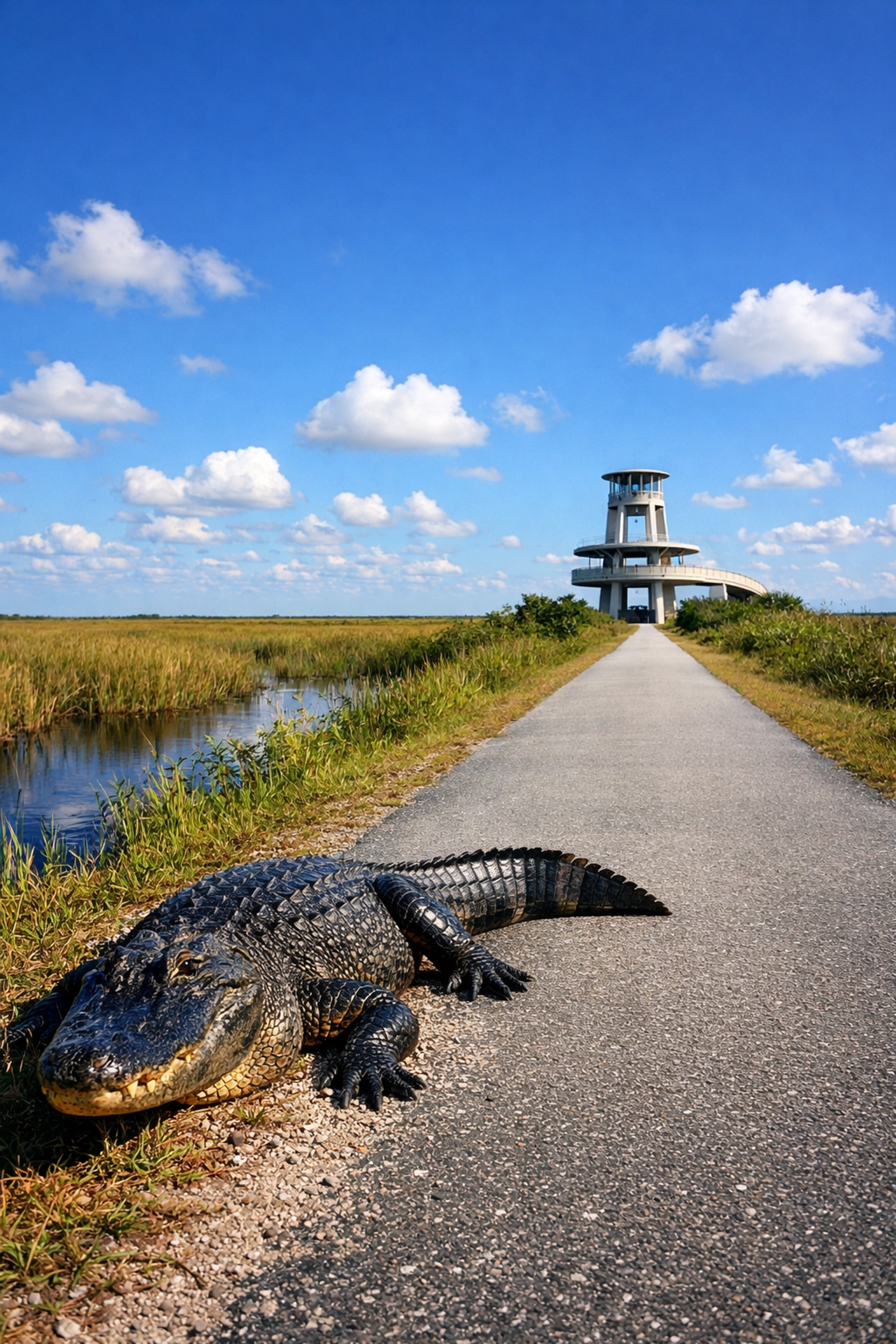Alligator sunbathing on a Shark Valley trail near the observation tower, a top photography location in the Everglades.