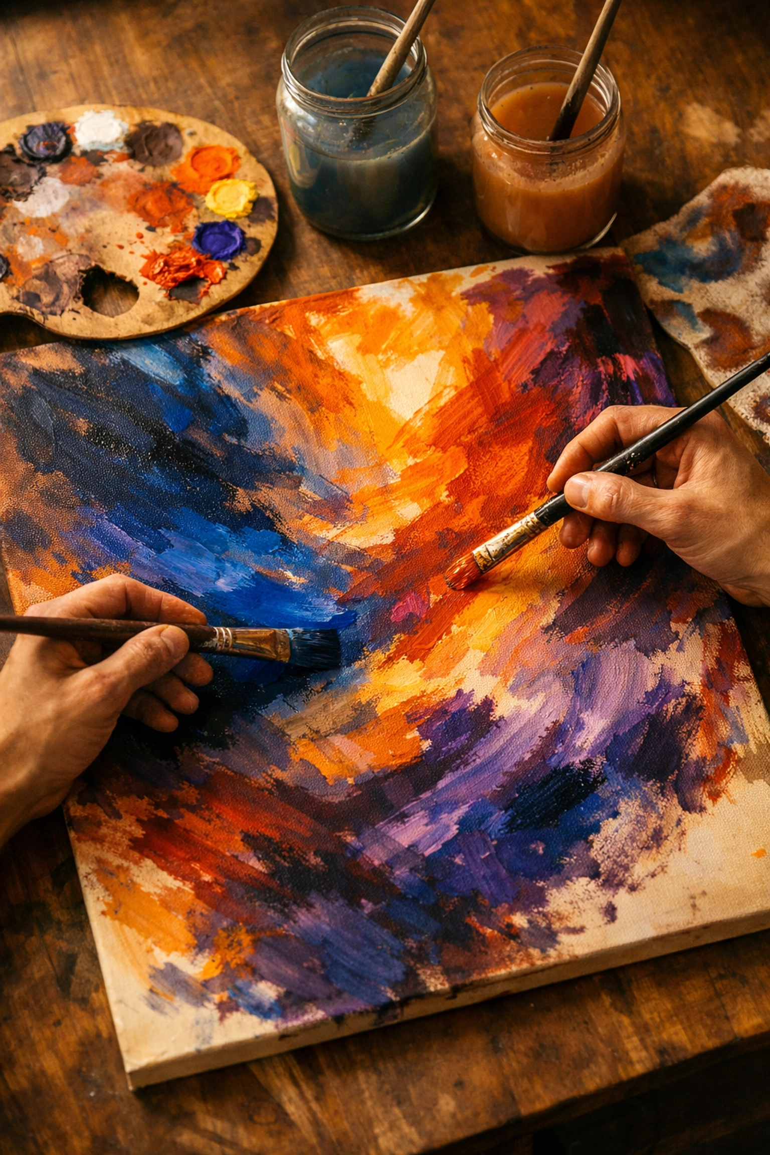 Hands painting abstract art on canvas during corporate creative workshop