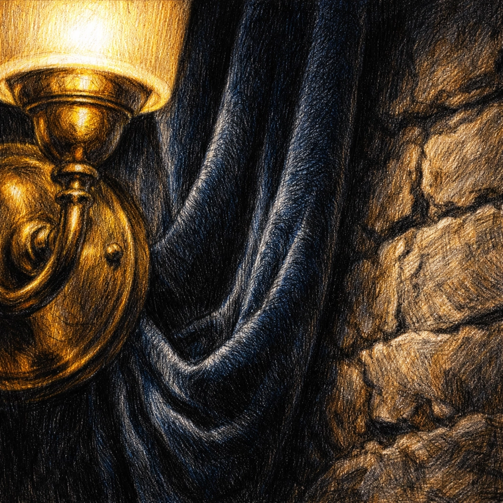 Luxury hospitality design detail featuring warm brass lighting, velvet curtains, and stone textures.