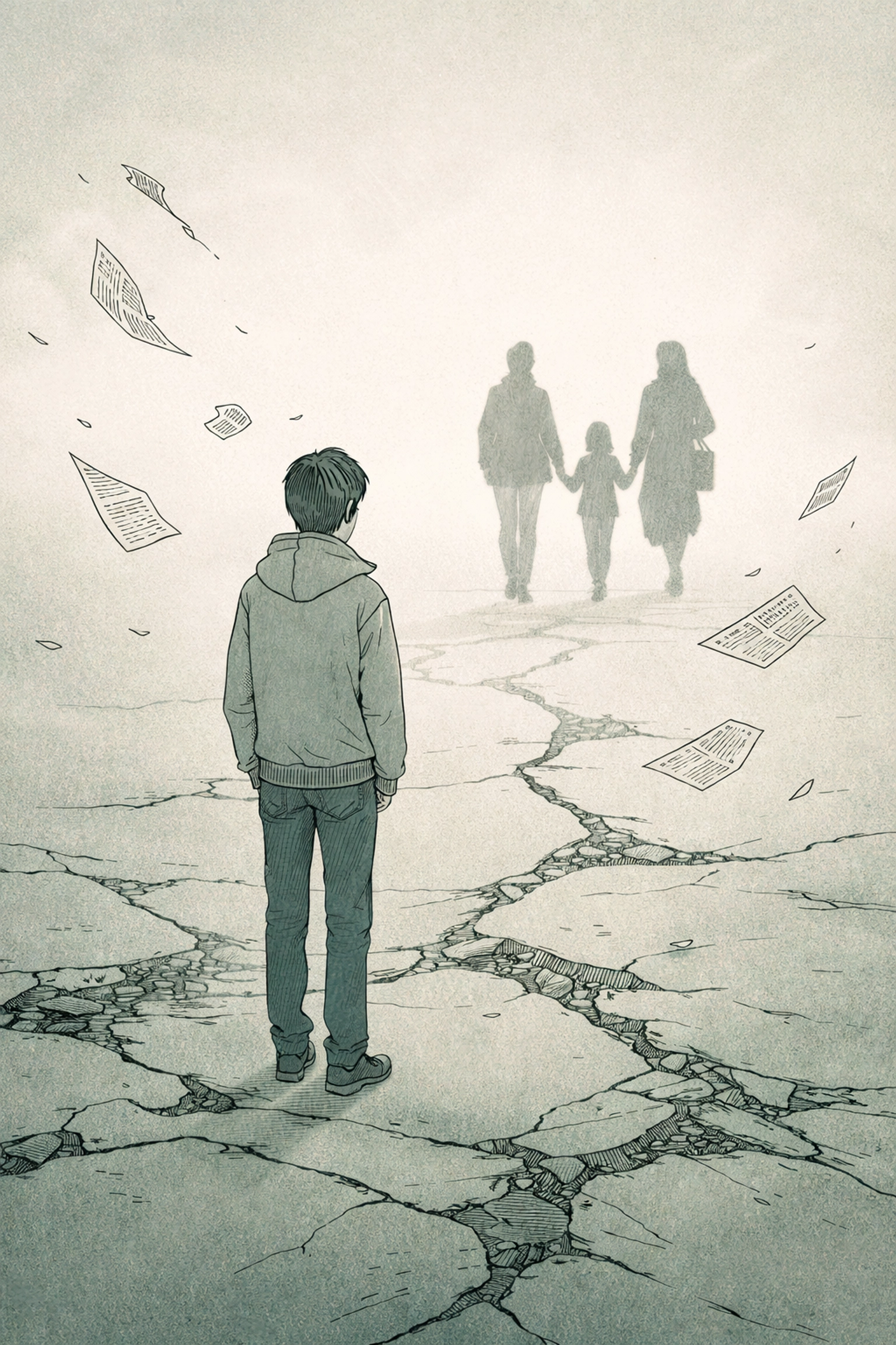A lone figure stands on fractured ground while family silhouettes walk away, representing isolation after coming out as transgender.