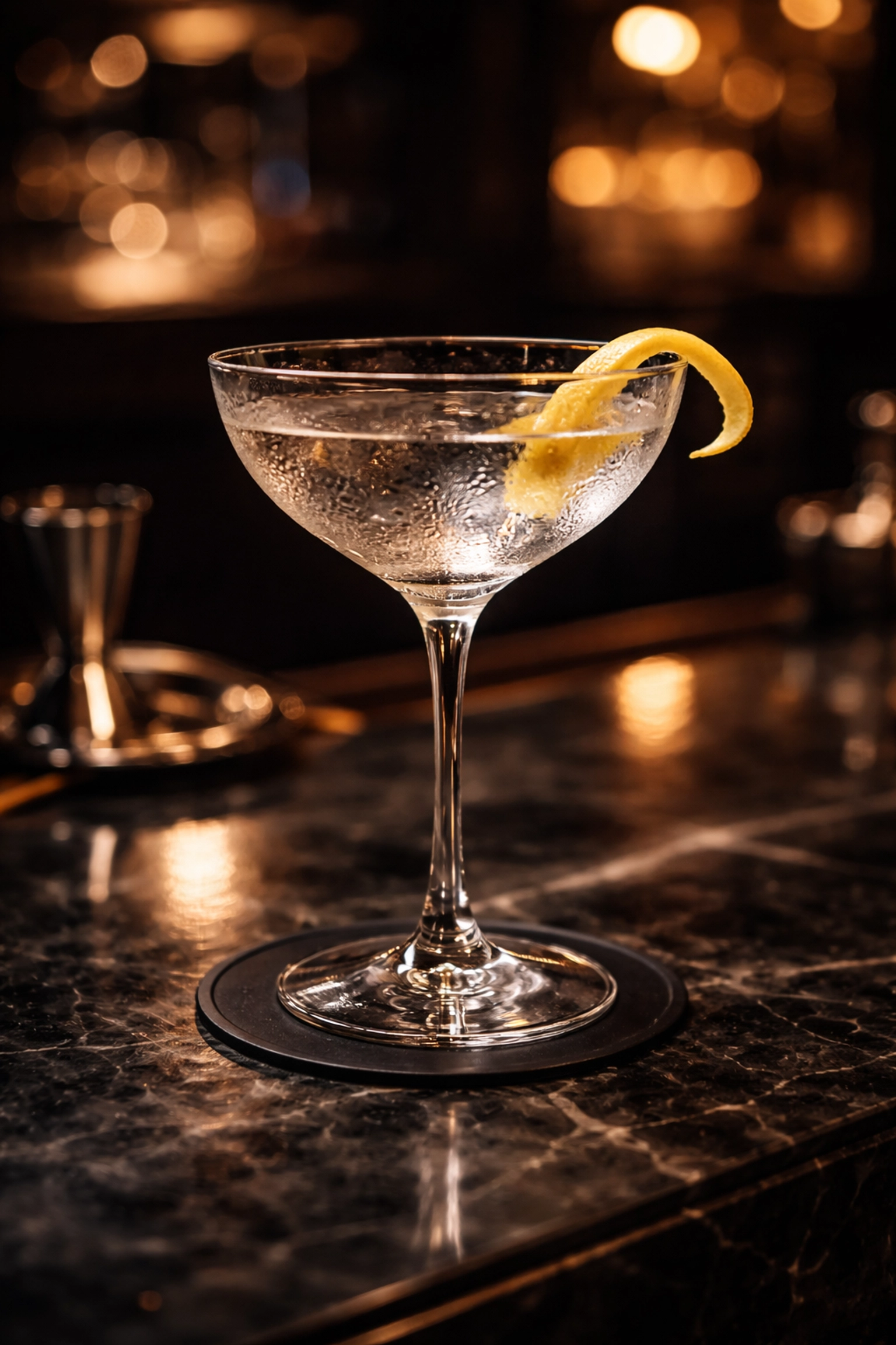 Classic gin martini with lemon twist on marble bar, perfect for Uptown Minneapolis cocktail lovers