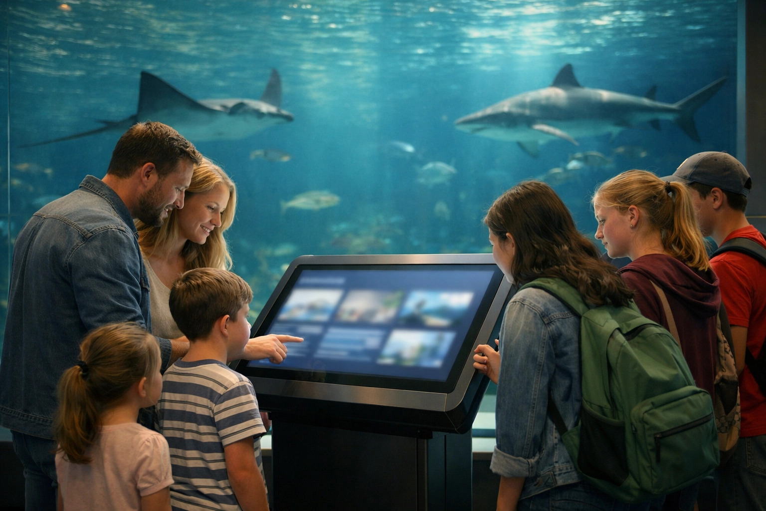 A family using an interactive digital signage kiosk for educational storytelling at a modern aquarium exhibit.