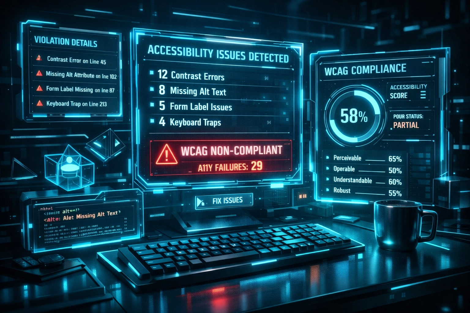Developer workspace displaying automated accessibility testing with WCAG compliance metrics on screen