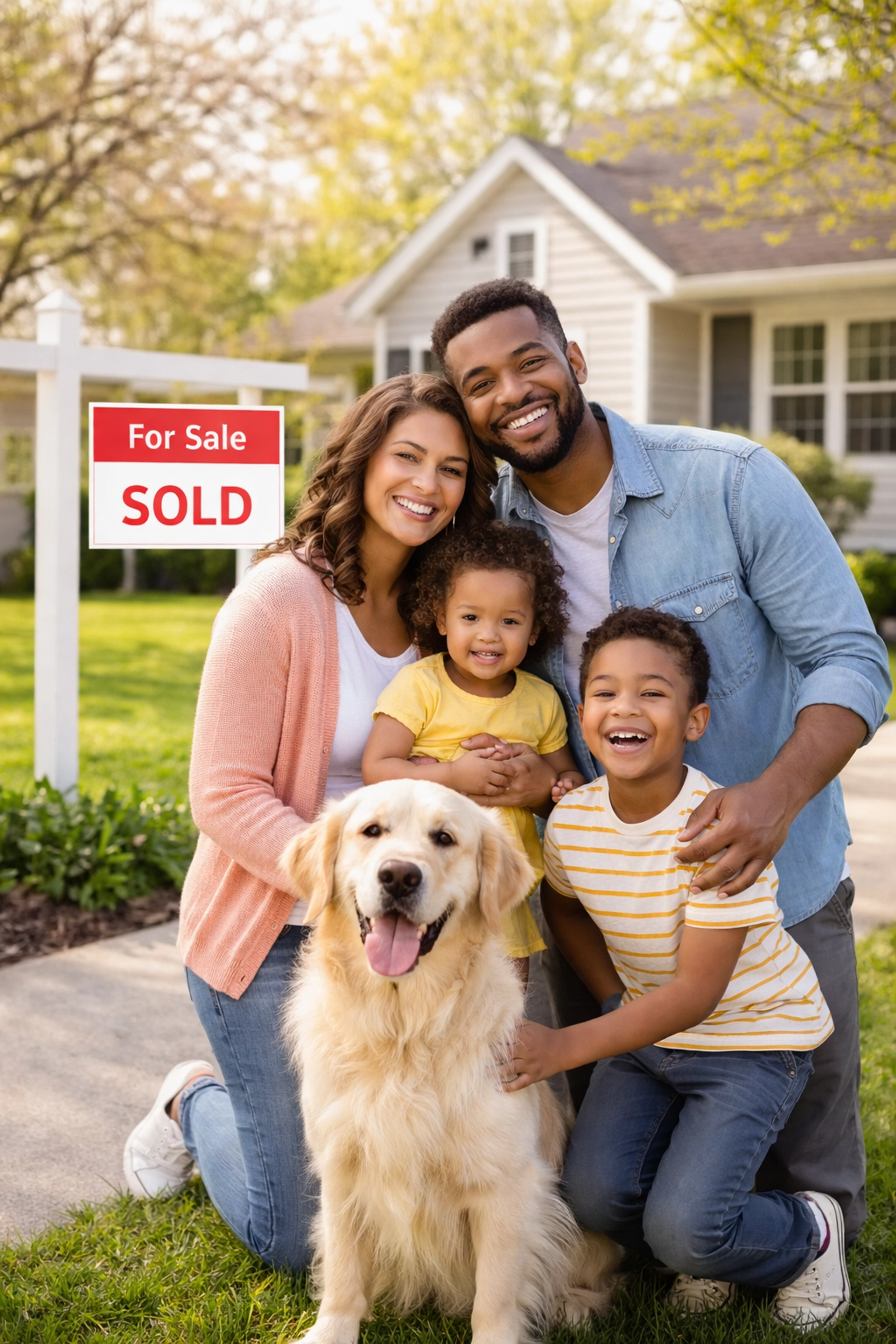 Diverse South Jersey family with kids and dog smiling in front of their sold home, celebrating a new chapter Diverse South Jersey family with kids and dog smiling in front of their sold home, celebrating a new chapter