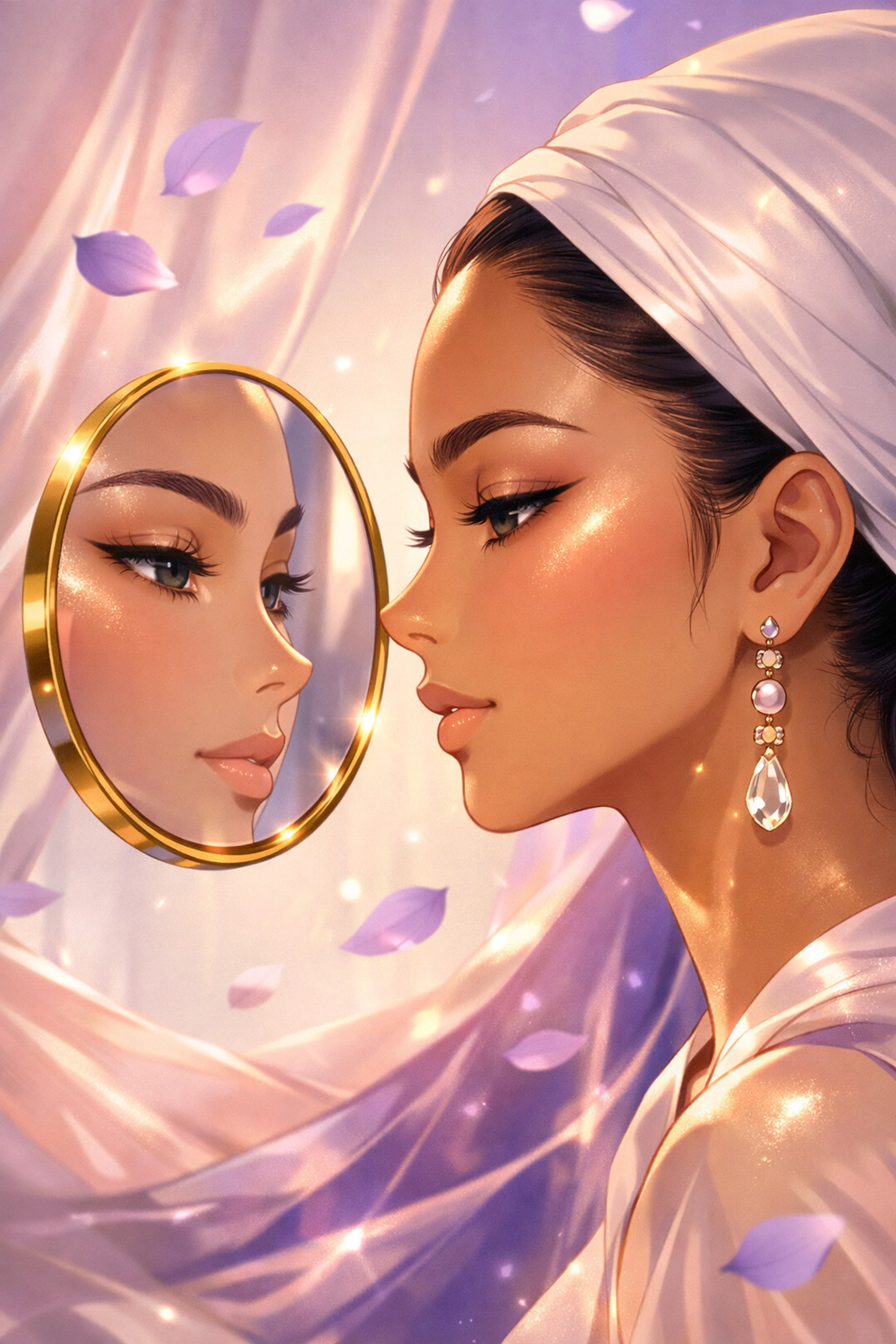 A woman observing her nano brows during the peeling and ghosting healing stages in a gold mirror.