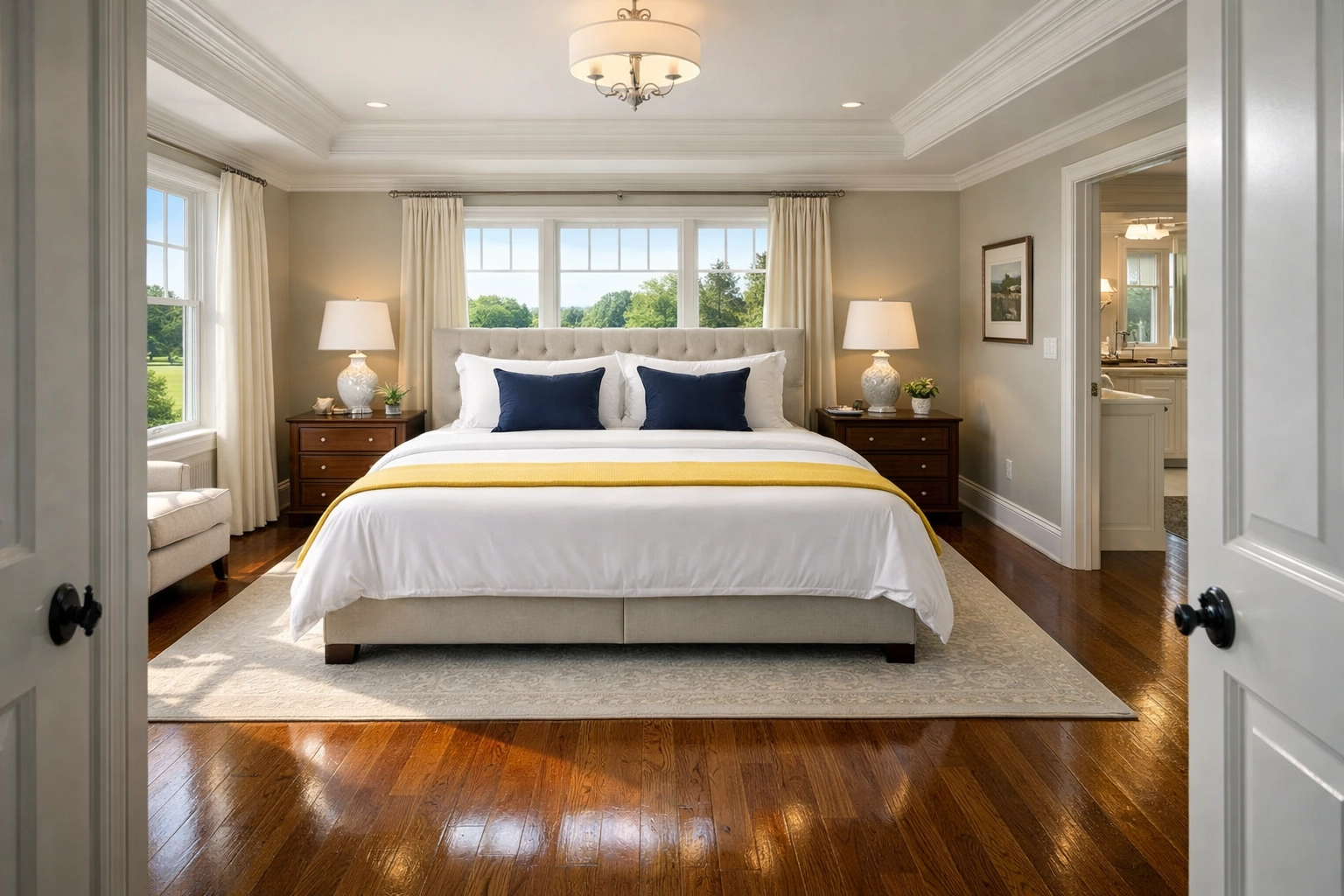 Pristine master bedroom suite maintained by professional luxury house cleaning in Foxborough.