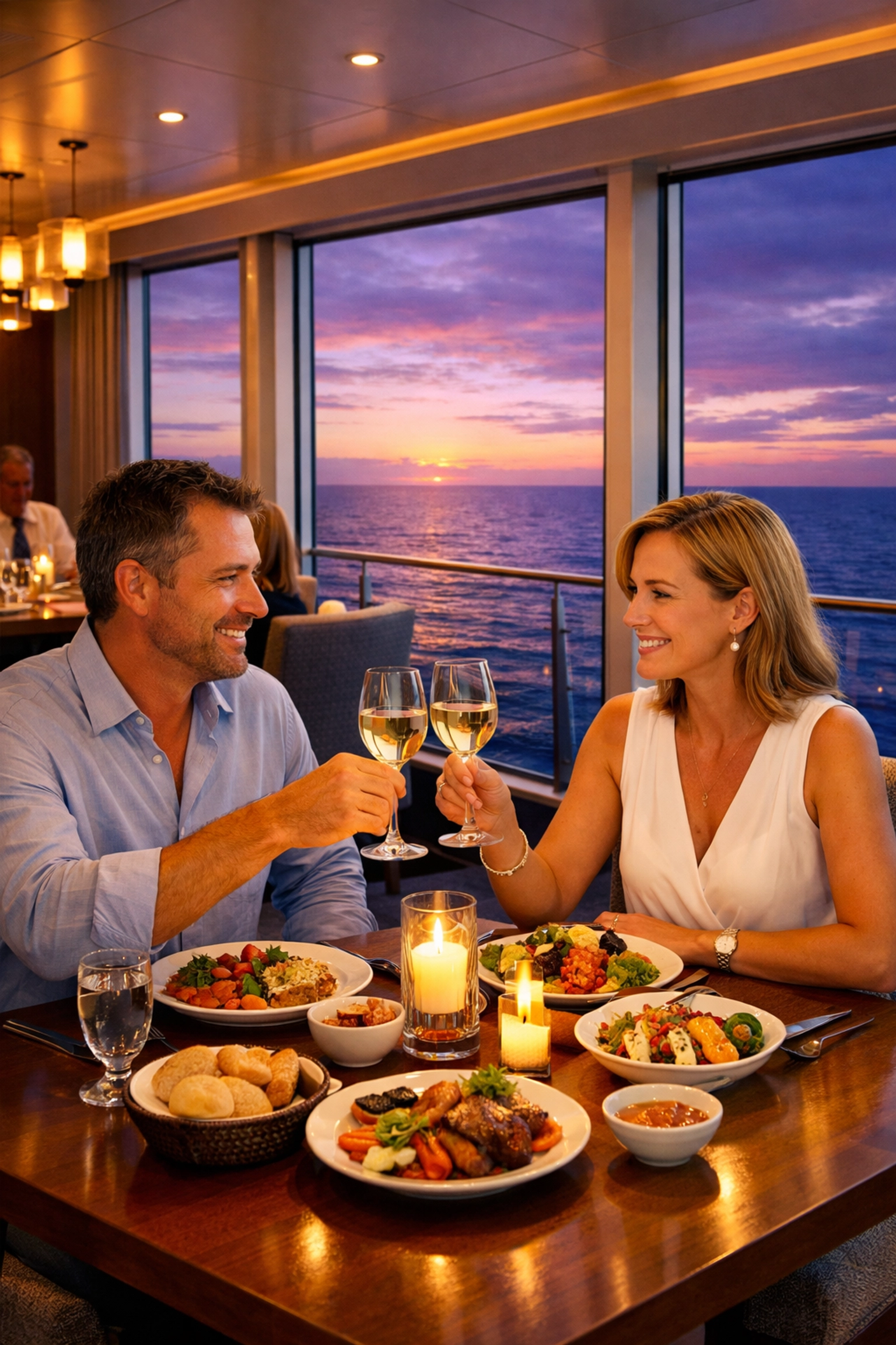 A couple enjoying freestyle dining with a sunset ocean view at a Norwegian Cruise Line restaurant.