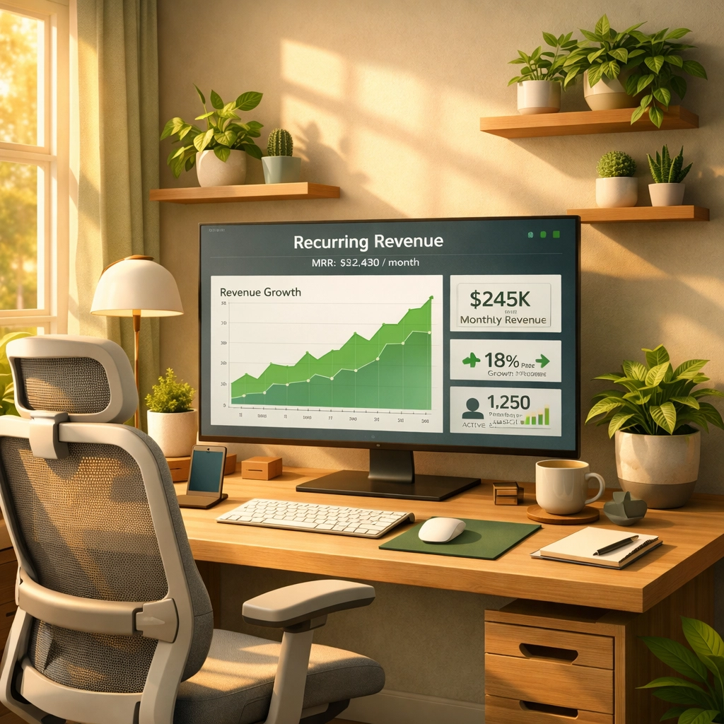 Home office setup showing digital product business revenue growth and success metrics