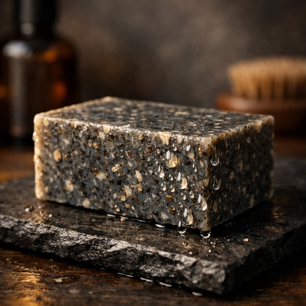 Artisanal solid beard wash bar with natural ingredients resting on a textured slate tile.