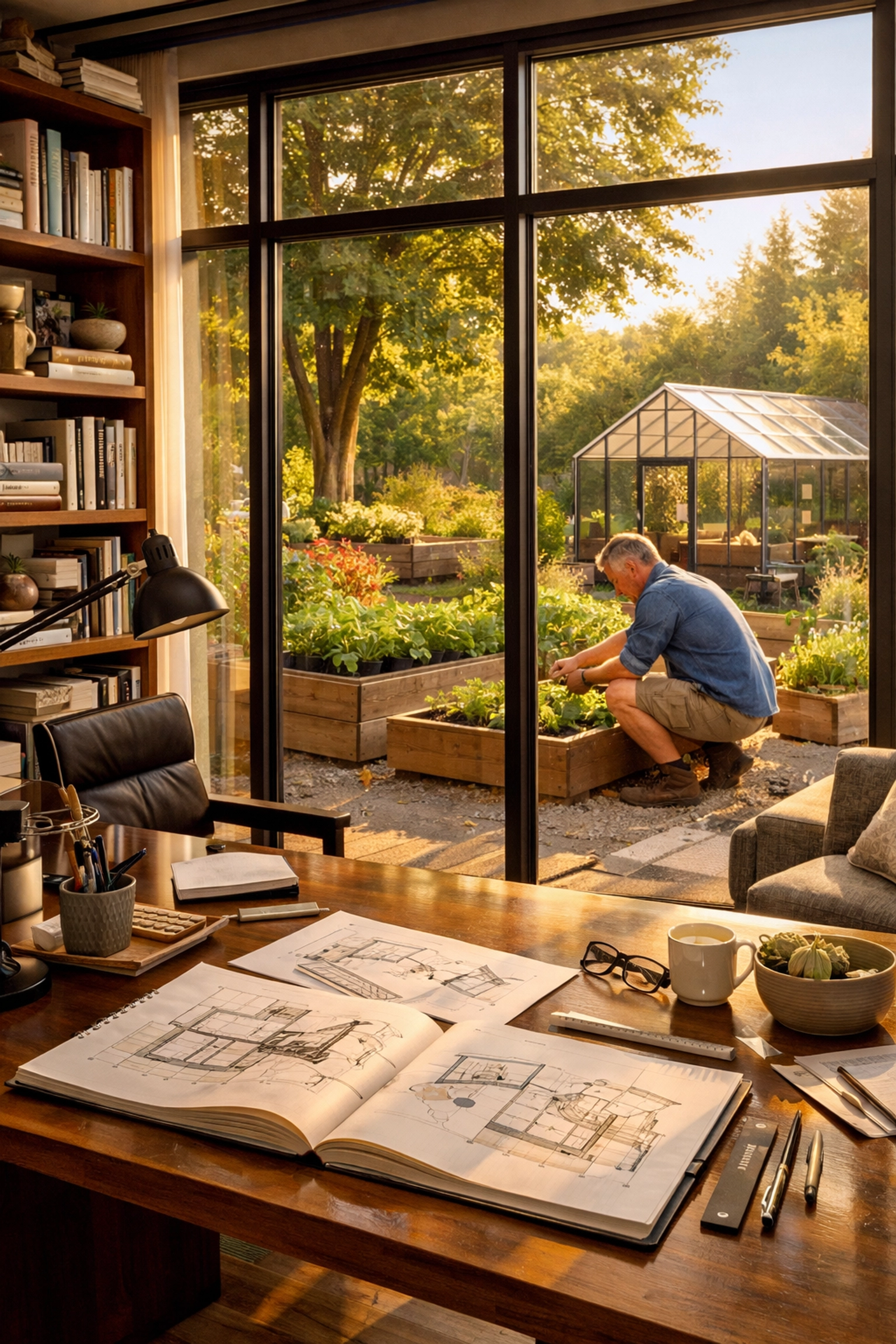 Married gay couple's home office and garden showing their life built together