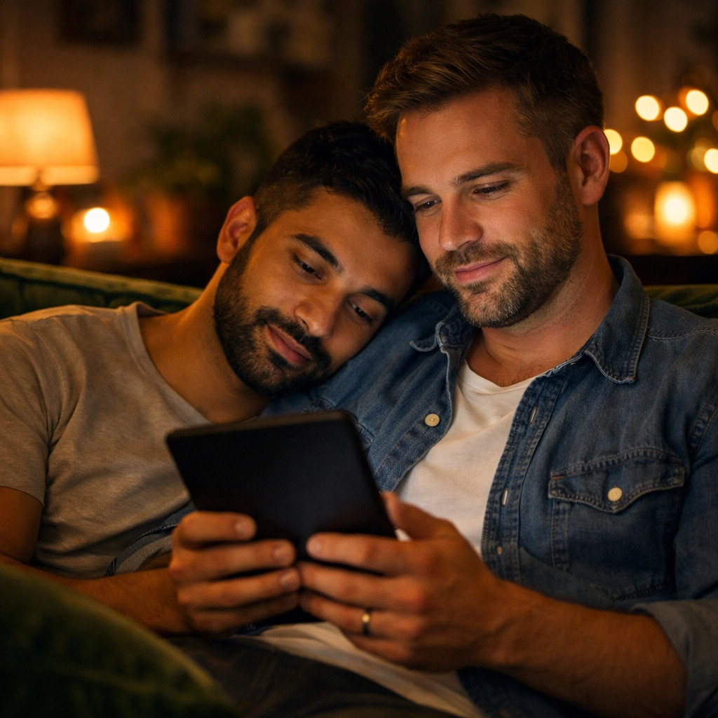 Diverse gay couple cuddling on a sofa while enjoying a new gay romance ebook together.
