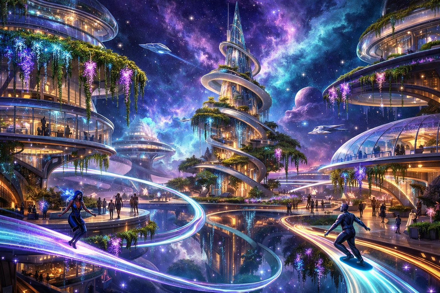 Immersive metaverse commerce hub featuring floating structures and a global digital marketplace for Web3 brands.