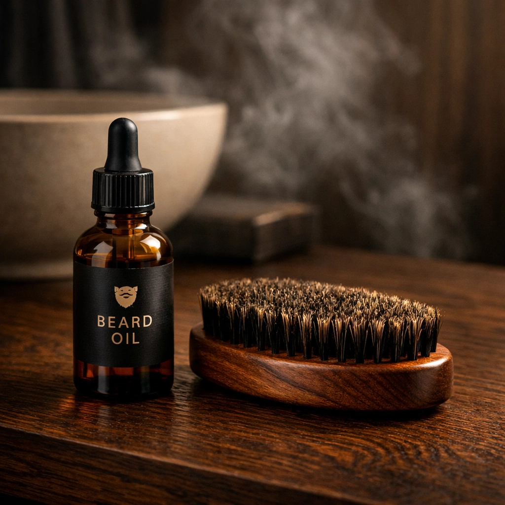 Premium beard care kit featuring high-performance beard oil and a professional wood boar hair brush.