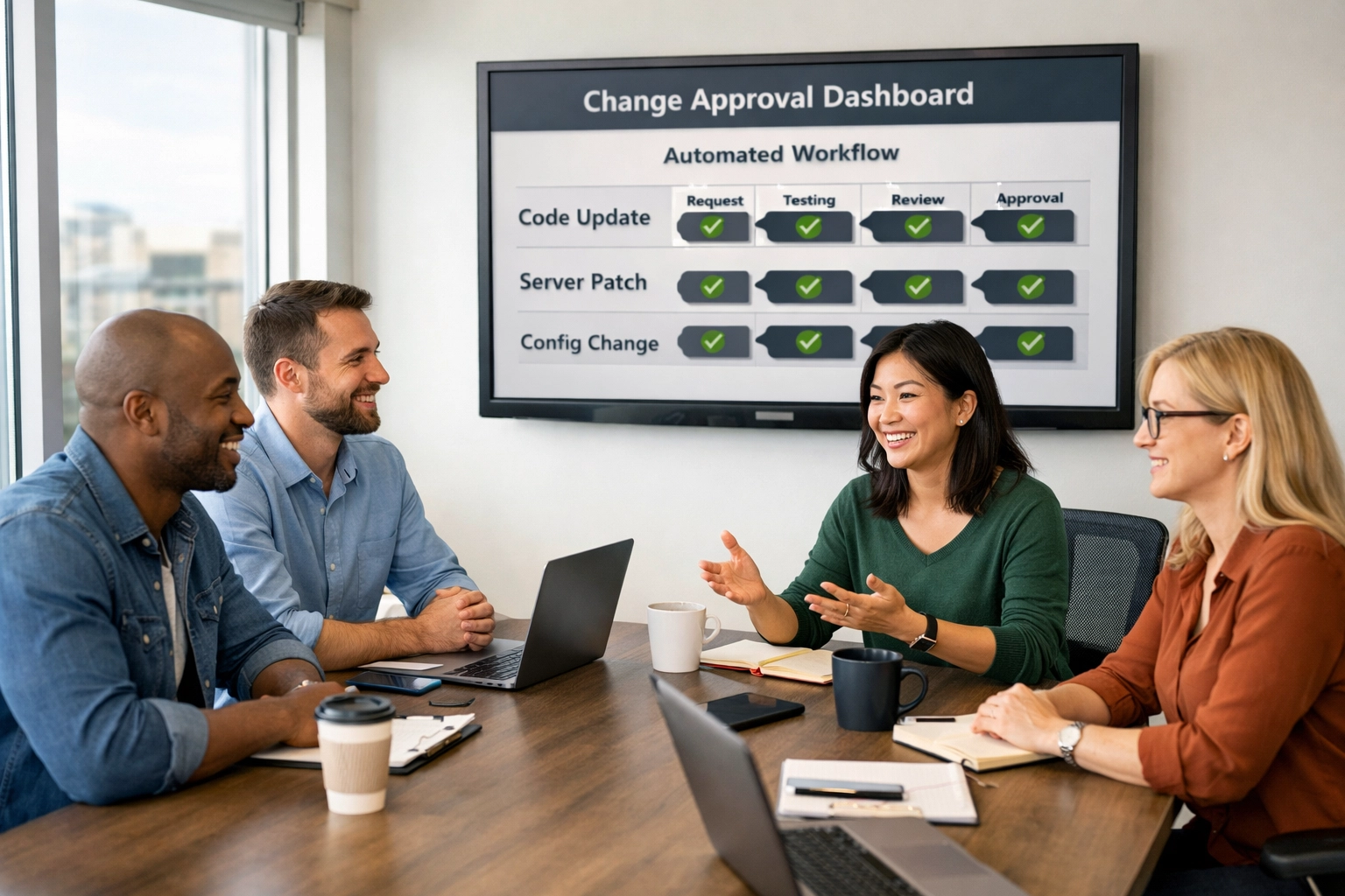 IT professionals collaborating on ServiceNow change management automation with efficient workflows