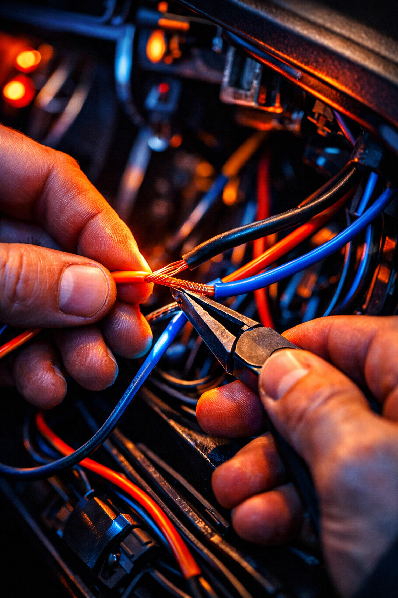 Expert technician performing professional car audio and truck lighting installation at Ultimate Sounds.