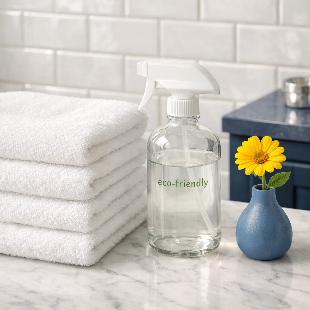 Eco-friendly cleaning products in a bright Winchester bathroom emphasizing non-toxic deep cleaning solutions.