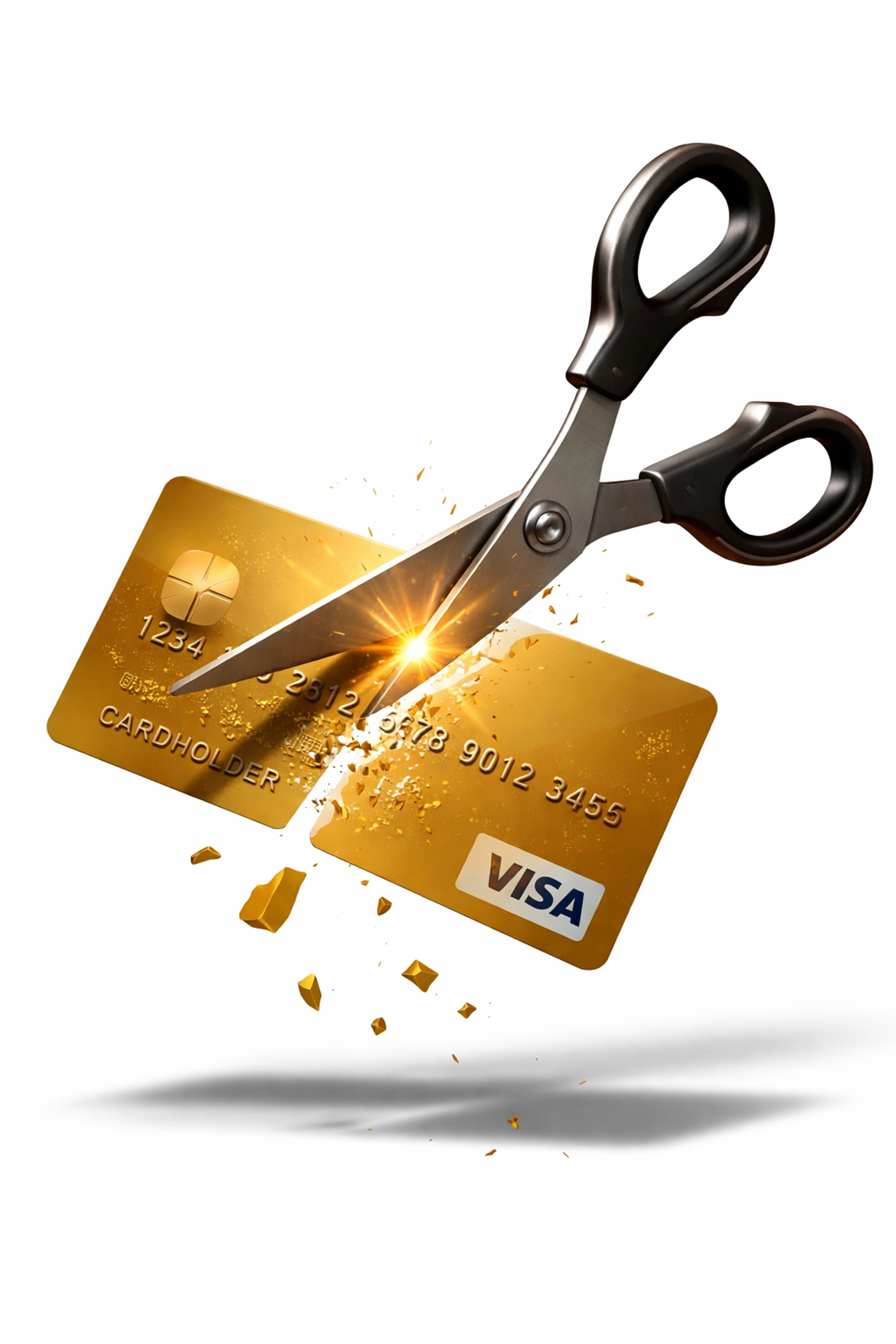 A golden credit card being cut in half by giant scissors, symbolizing canceled credit cards and reduced credit access under a 10% cap.