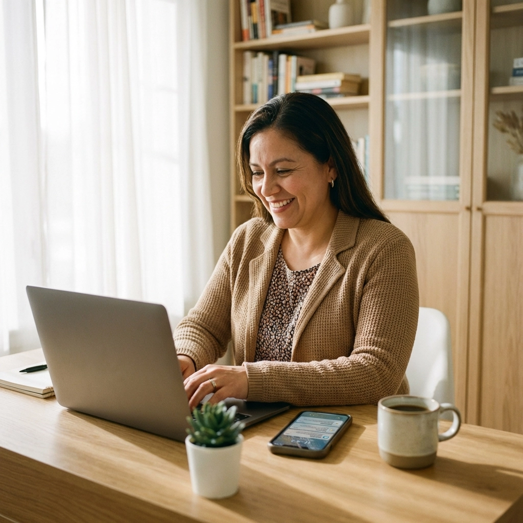 Female cleaning business owner smiling while reviewing client leads at her home office, illustrating productivity with The Professional Cleaner Network perks.