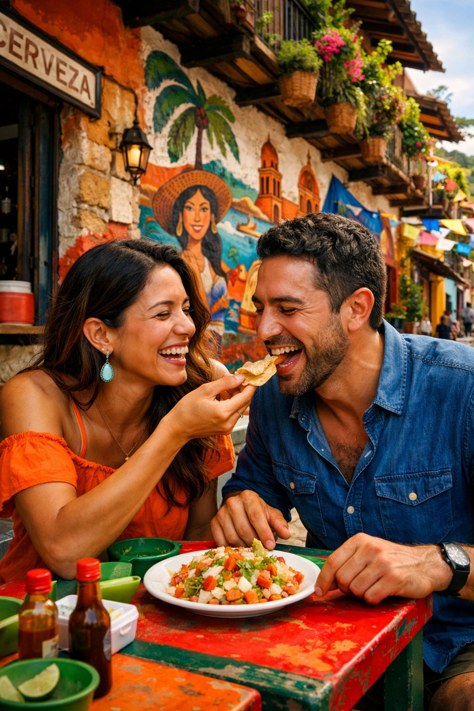 A couple enjoying authentic local street food on a colorful cobblestone street in a vibrant Puerto Vallarta neighborhood.