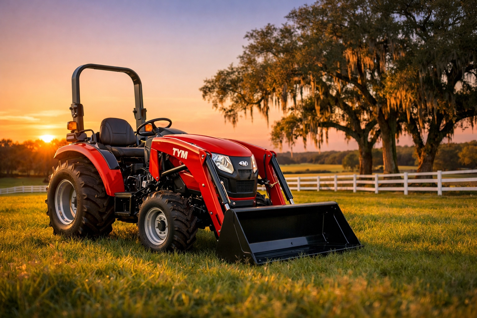 Red TYM compact tractor in an Ocala pasture at sunset, available at Ocala Tractor LLC summer sale.
