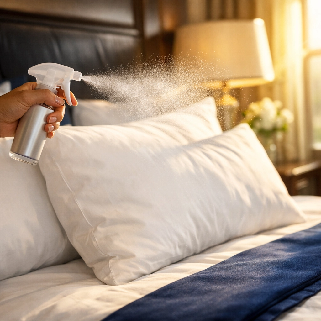 Misting white linen pillows with a DIY essential oil room spray for a fresh, clean bedroom.