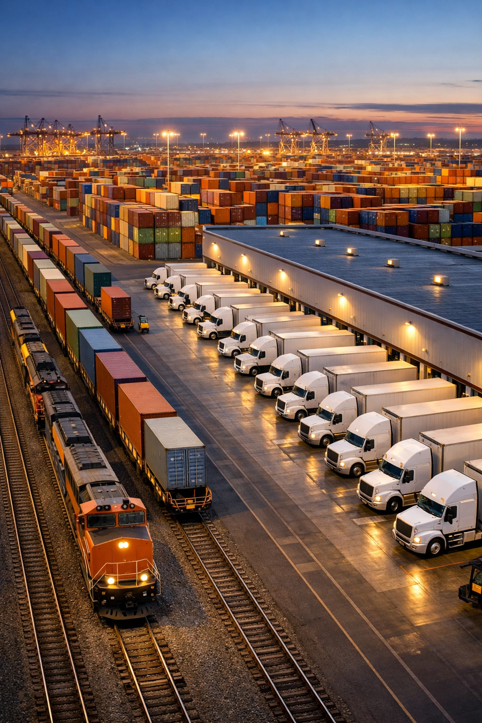 Multi-modal logistics terminal showing enterprise-scale coordination and 1PL-4PL integration strategies.