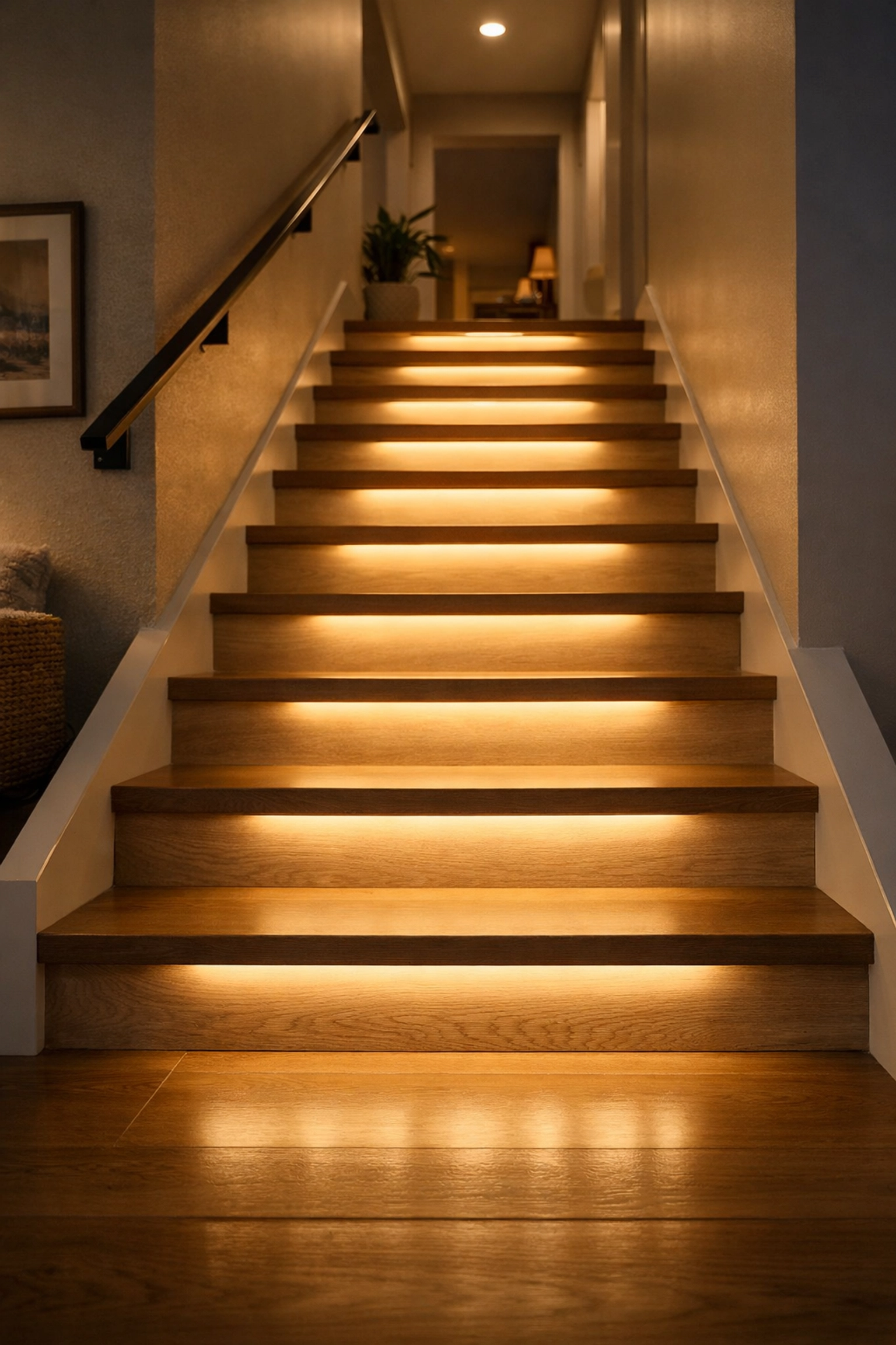 Modern staircase with motion-sensing LED step lights to provide clear visibility and prevent falls.