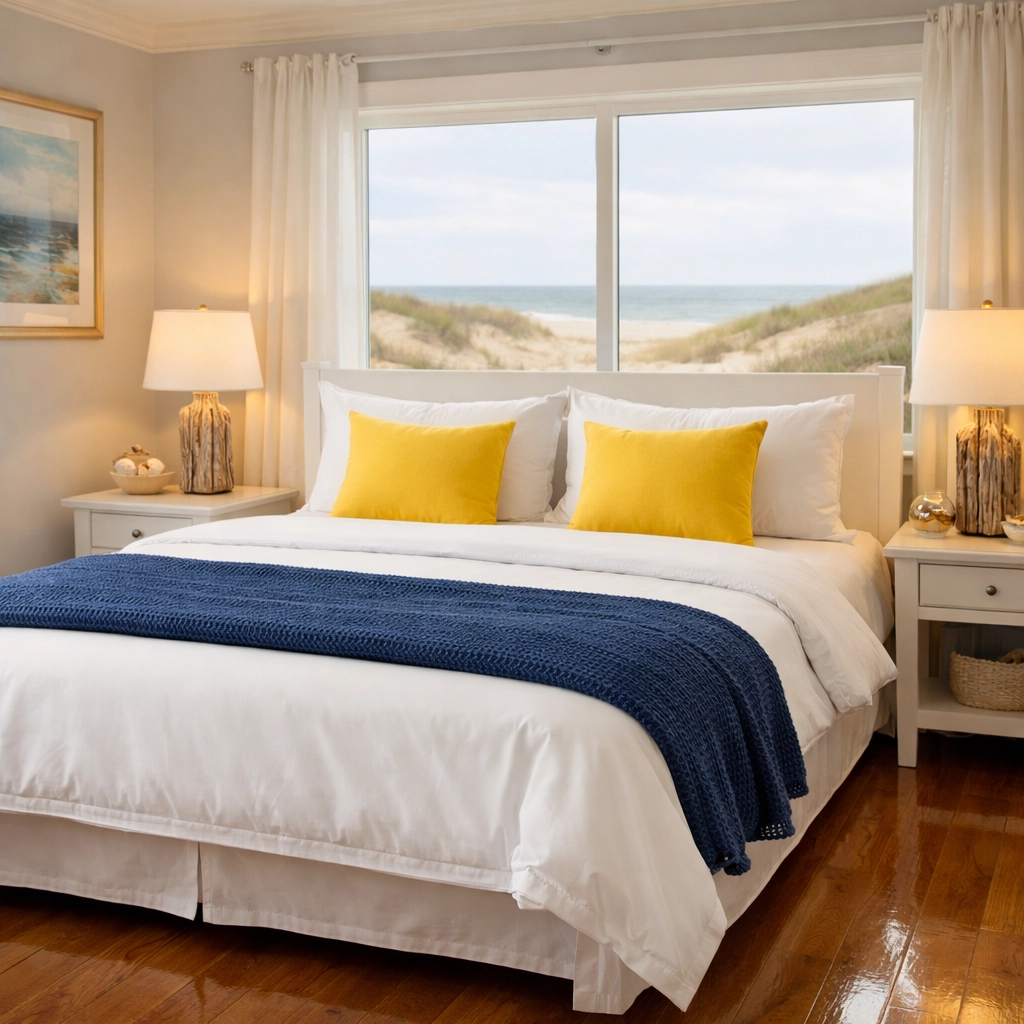 Pristine Eastham vacation rental bedroom with professional turnover cleaning and coastal views.