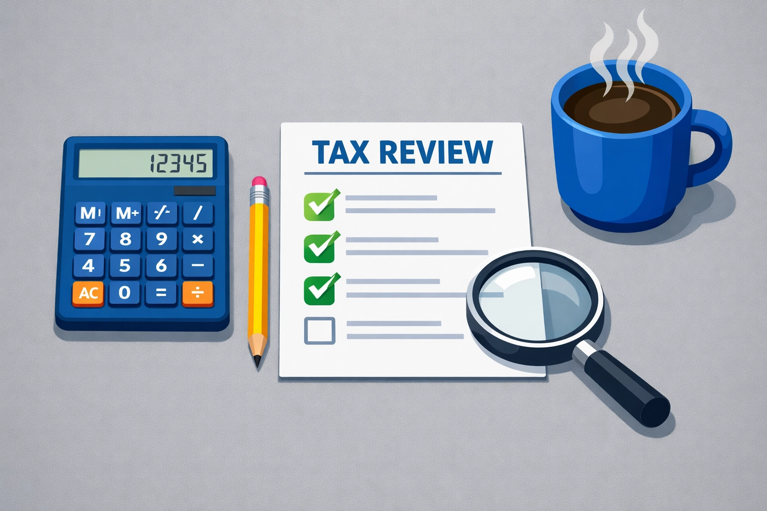 Professional workspace for tax preparation in New Haven with a calculator and reviewed tax documents.