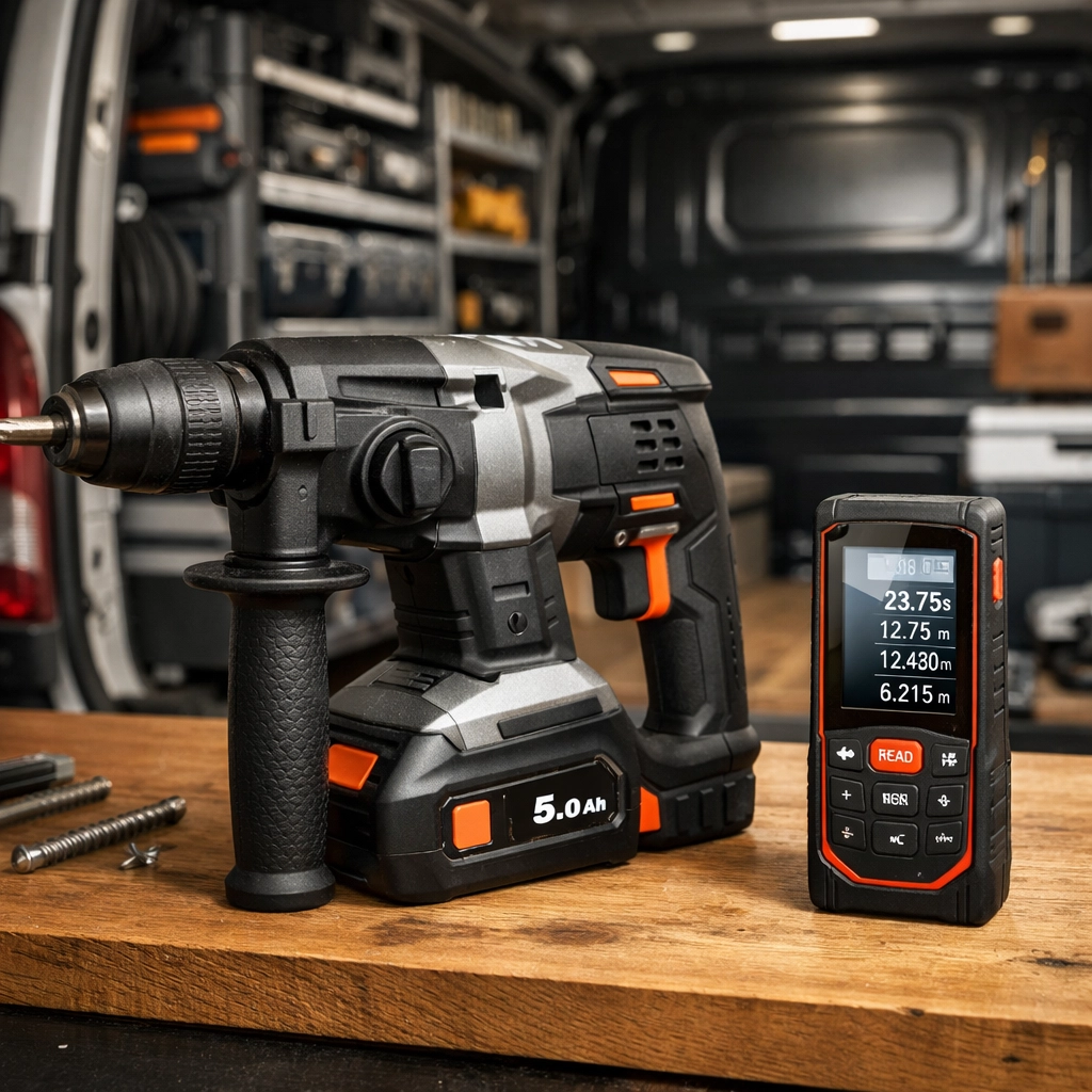 Organized contractor equipment on a workbench, illustrating the tracking of business assets for QBI deduction accuracy.