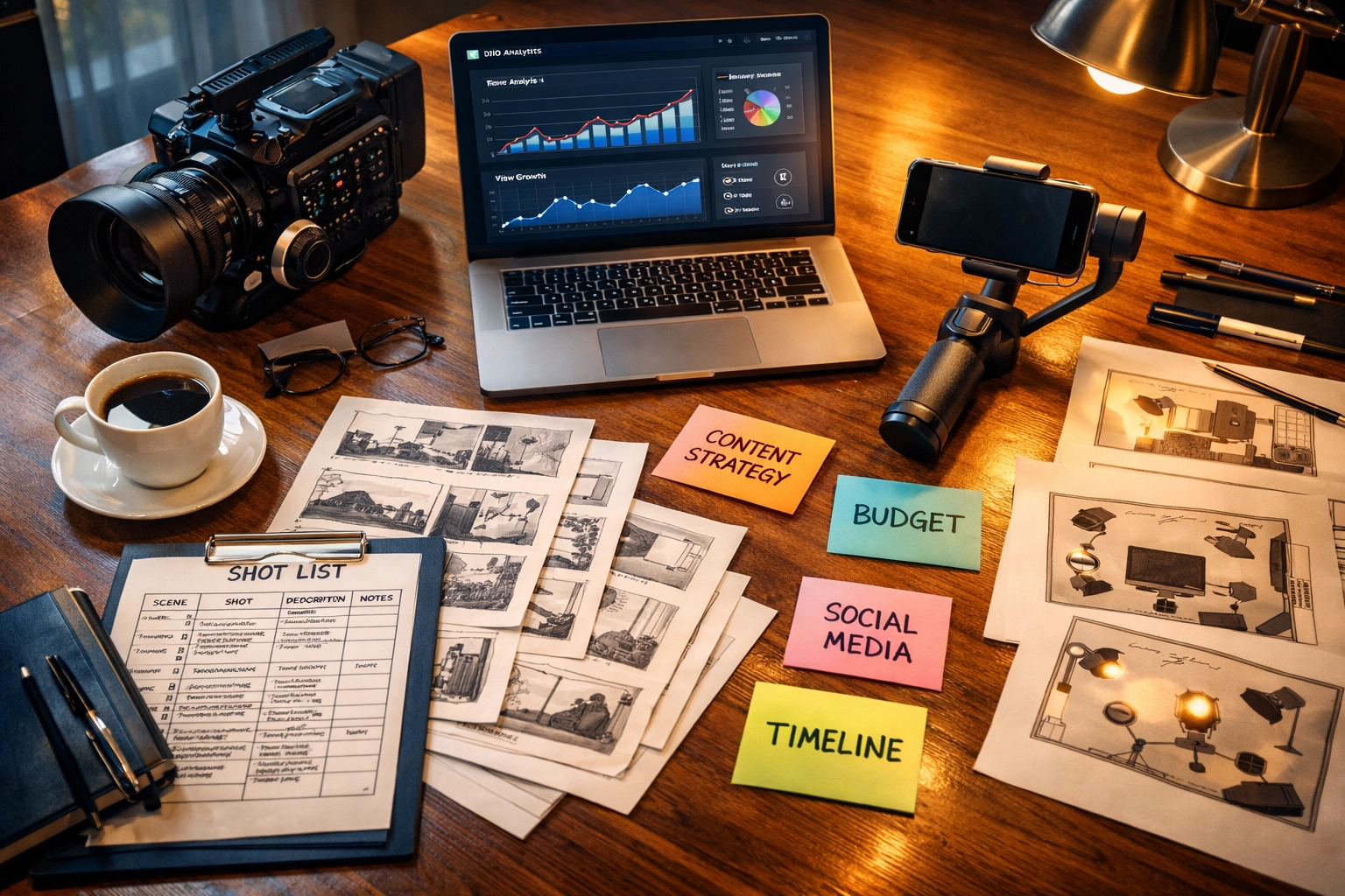 Video production strategy session with storyboards, analytics, and planning materials