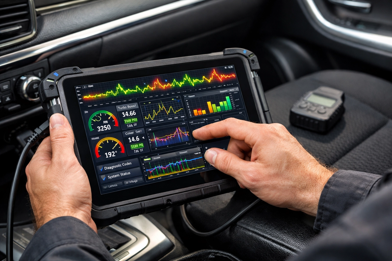 Mechanic using advanced tablet for professional check engine light diagnostics in Garland, TX.