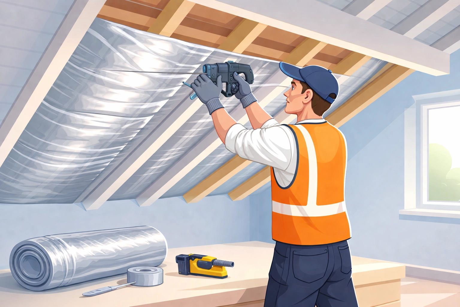 Illustration of an installer fitting thin multifoil insulation to rafters in a London loft conversion.