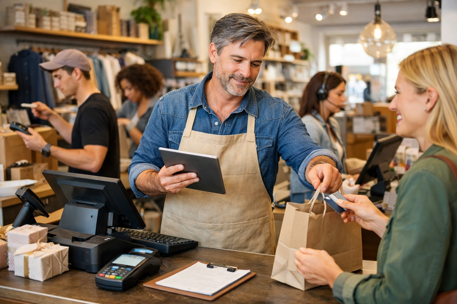 Retail shop owner managing complex operations using tablet POS system with staff processing inventory