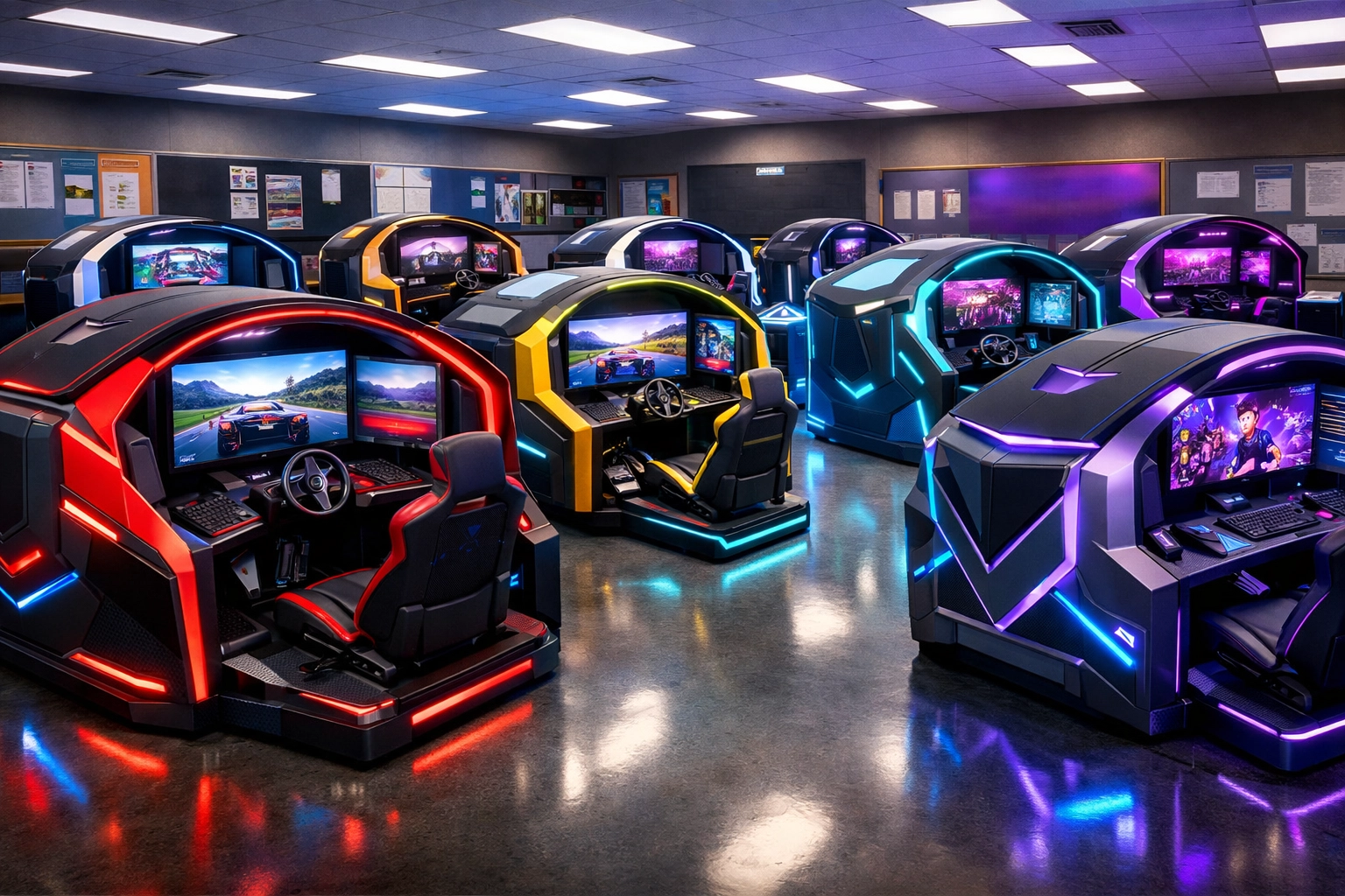 Customizable esports simulation pods in high school computer lab with varied configurations