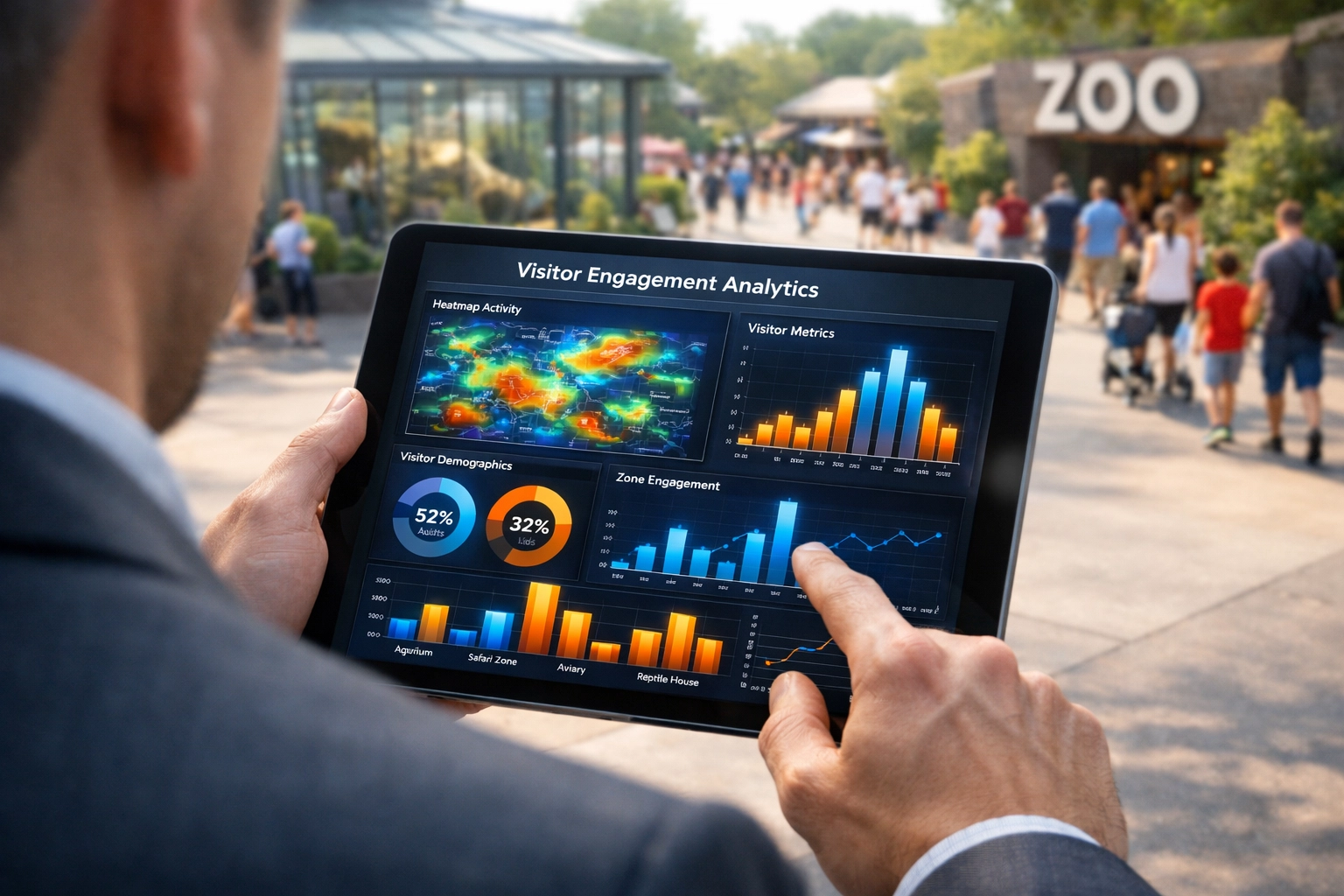 Marketing professional viewing a data analytics dashboard for zoo visitor engagement on a tablet.
