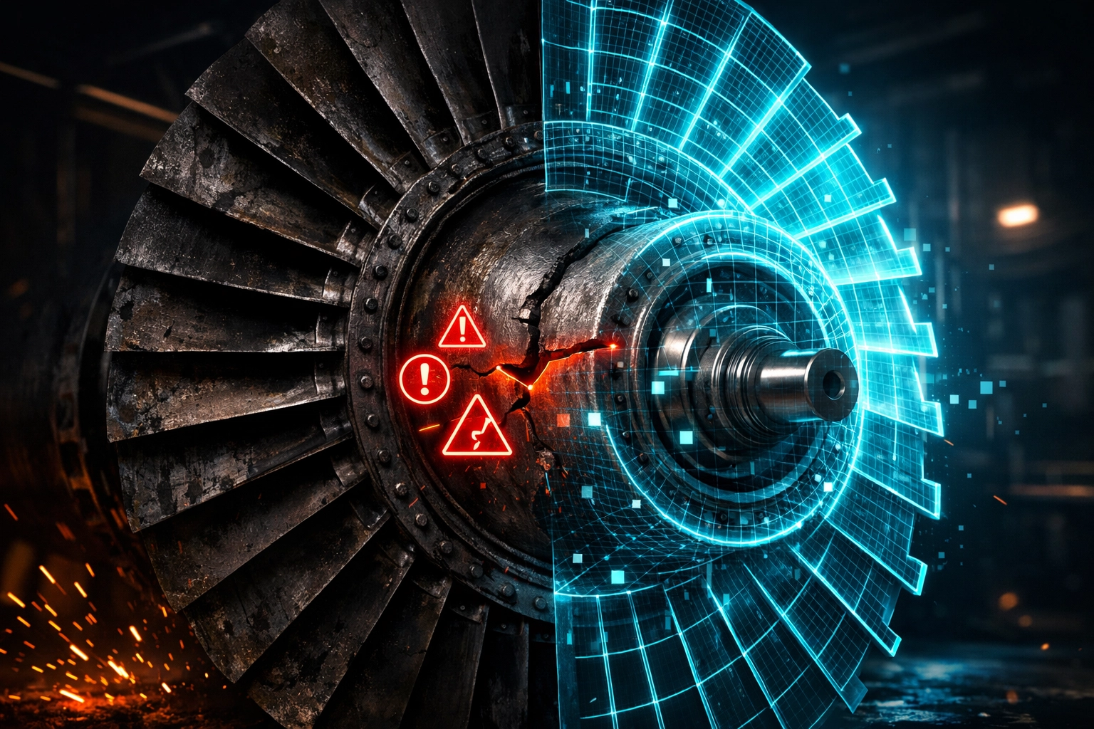 KI in der Fertigung erkennt Maschinenschäden durch Predictive Maintenance an einer Turbine.