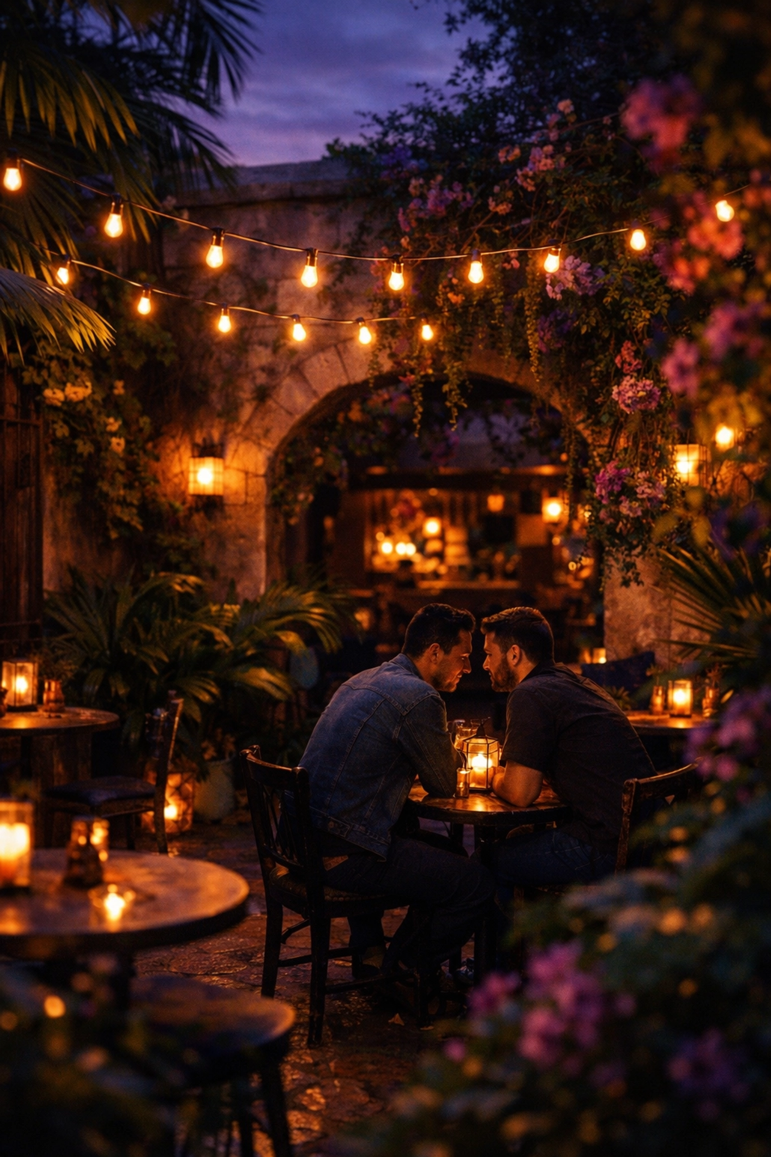 Gay couple at tropical courtyard bar in Key West nudist resort
