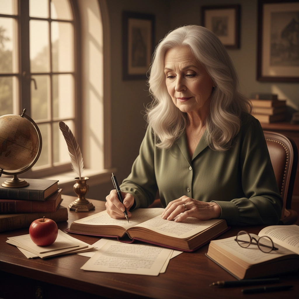 Elegant older woman with silver hair writing in a journal at a wooden desk surrounded by books, papers, and a globe, symbolizing memoir writing and the creation of a personal legacy book.