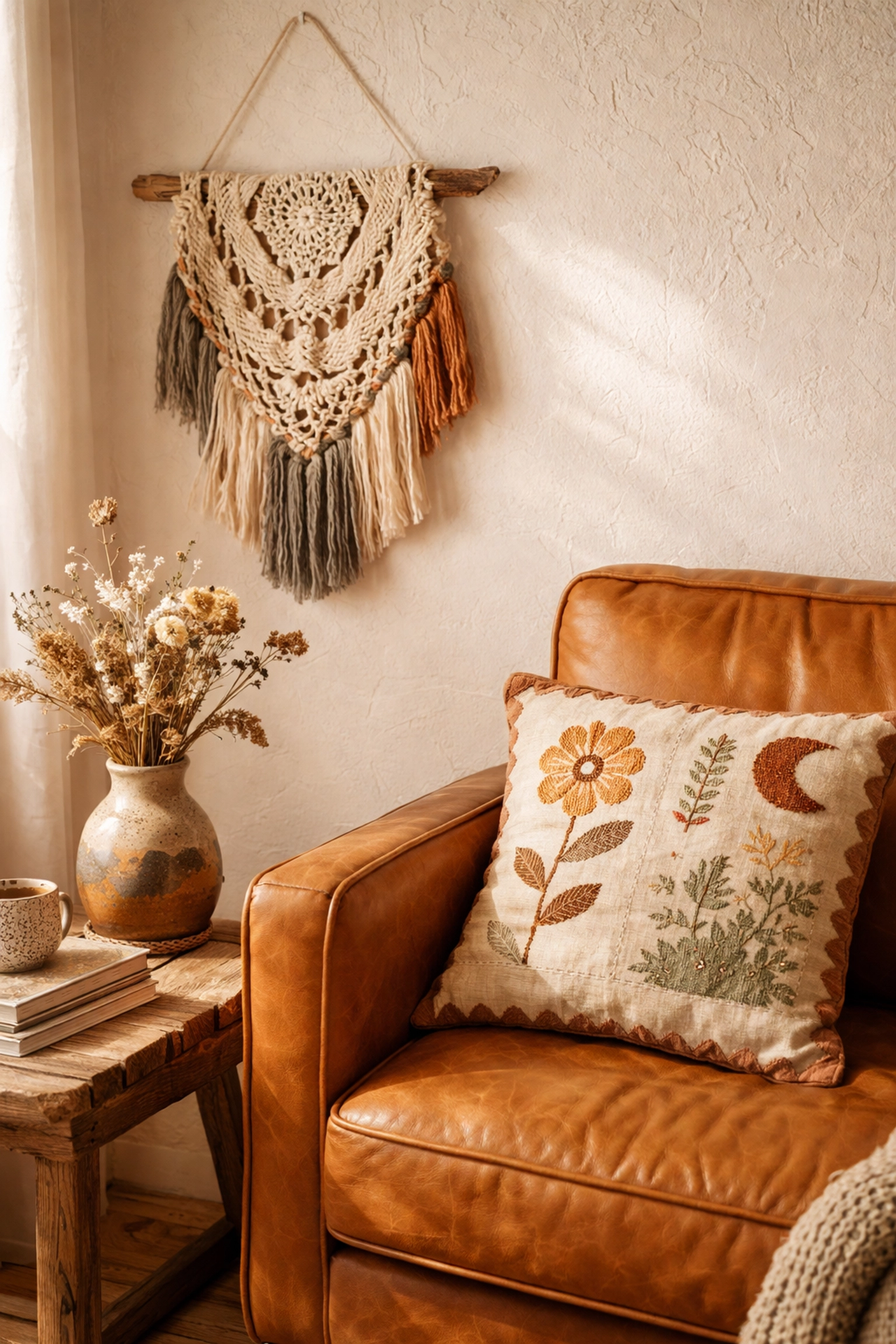 Warm living space corner featuring macramé, ceramic vase, and stitched cushion, celebrating unique handmade home decor.