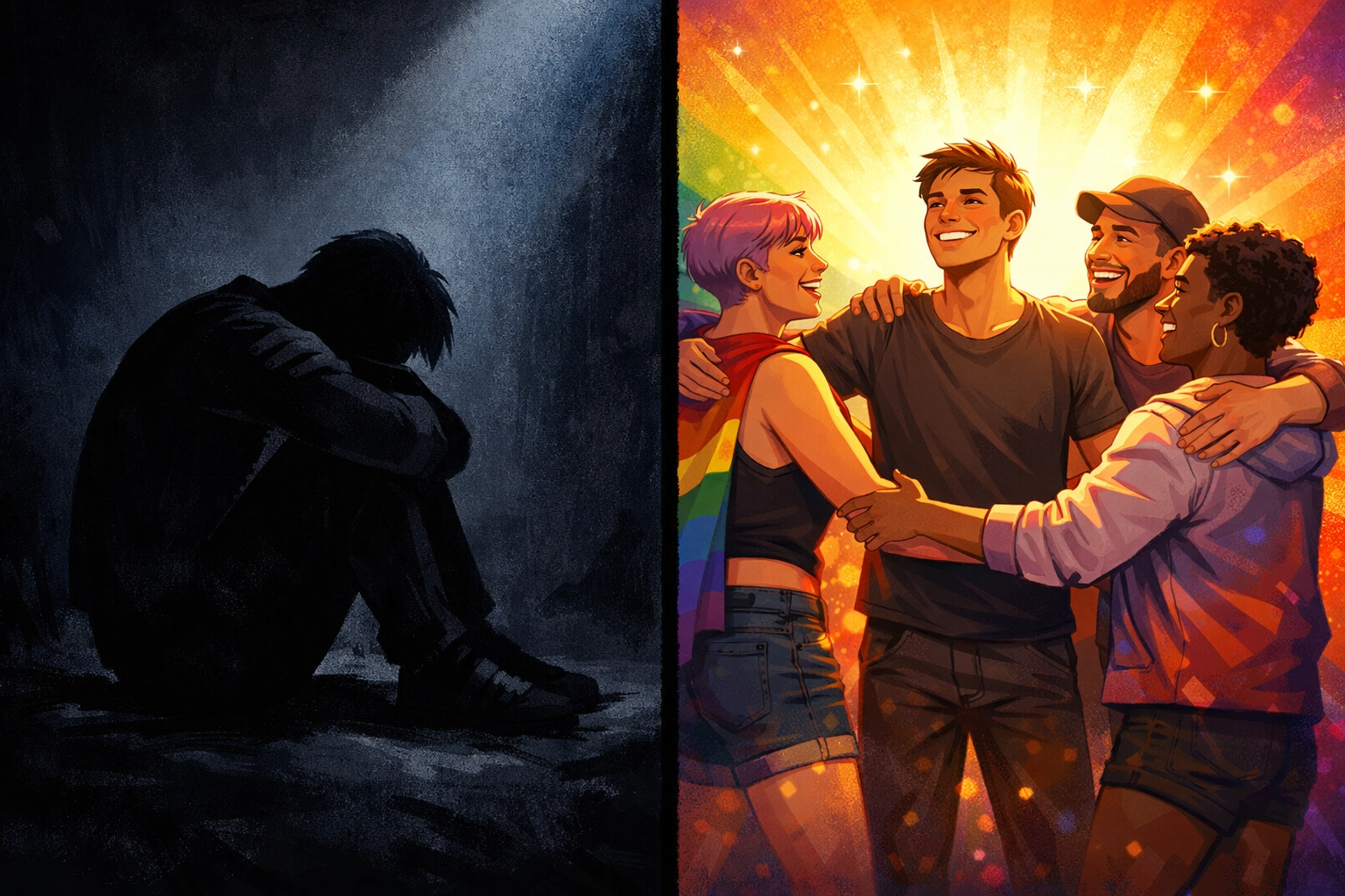 LGBTQ+ person's journey from shame and isolation to community support and acceptance