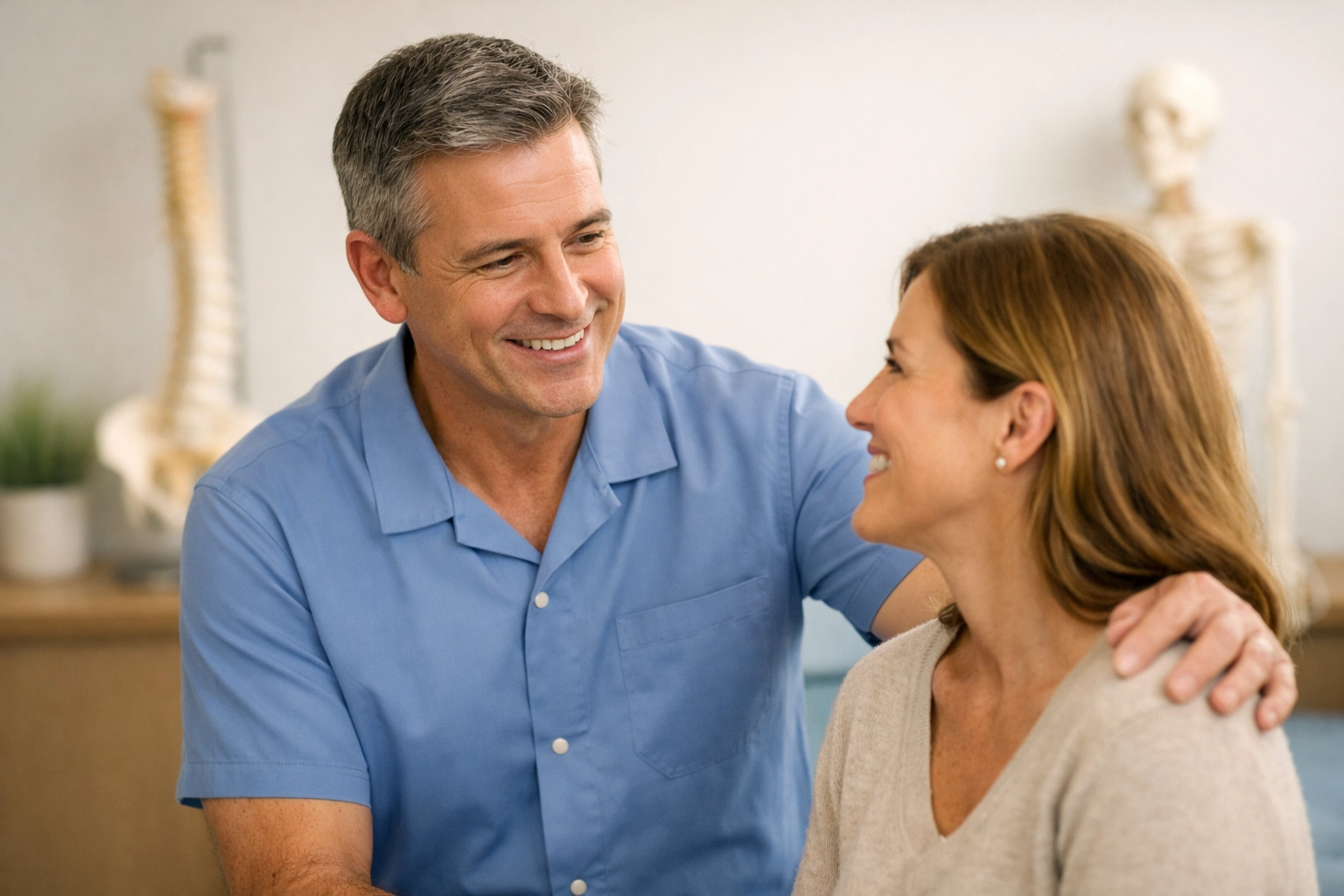 A professional chiropractor consulting with a smiling patient in a clean, modern clinical environment.